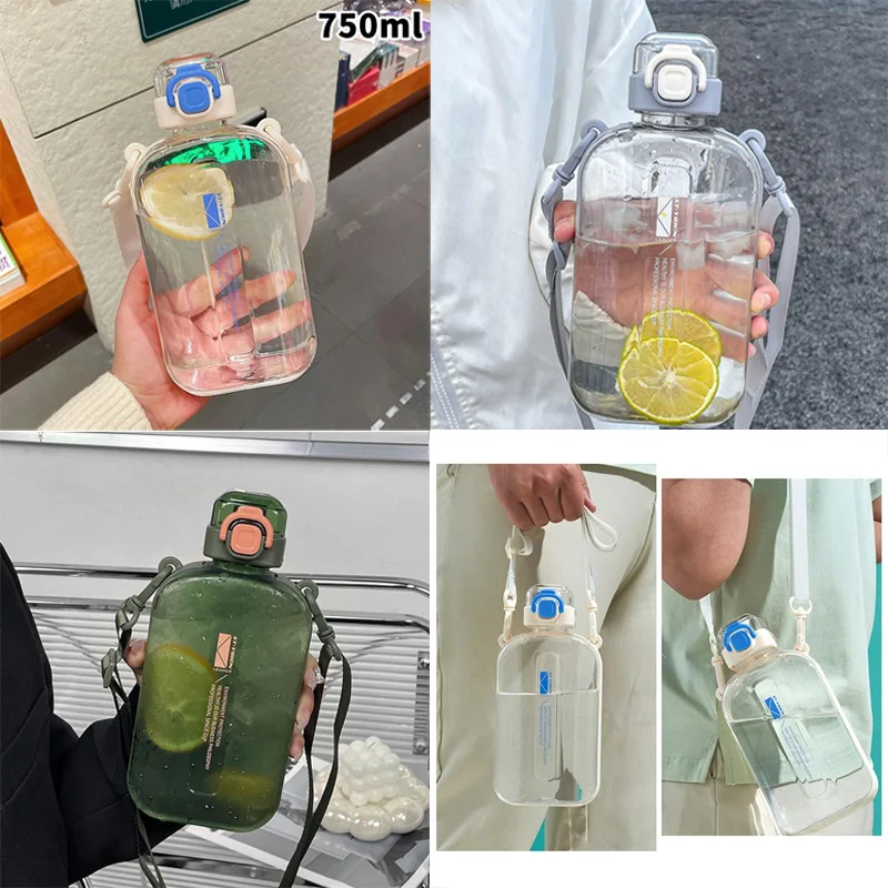 New Transparent Water Bottle Flat Square Portable Travel Canteen With Adjustable Strap Elegant Slim Bottle For Sport Camping