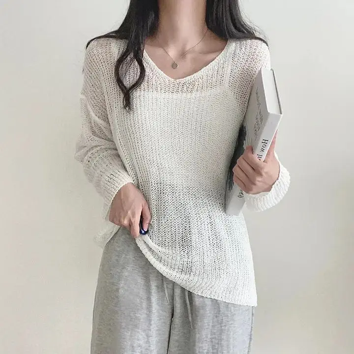 Semi Sheer Long Sleeve Knit Top Women V-neck Cover Up Pullover Open-Knit Sweater Spring Summer Fairycore Crochet Tops Outfit