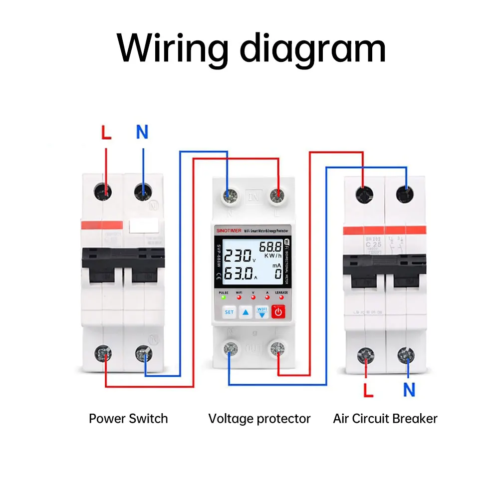 Relé Protector de fugas de tierra inteligente, medidor de energía, interruptor kWh, temporizador, SVP-688W-B, TUYA 63A, CA 220V, WiFi, bajo voltaje