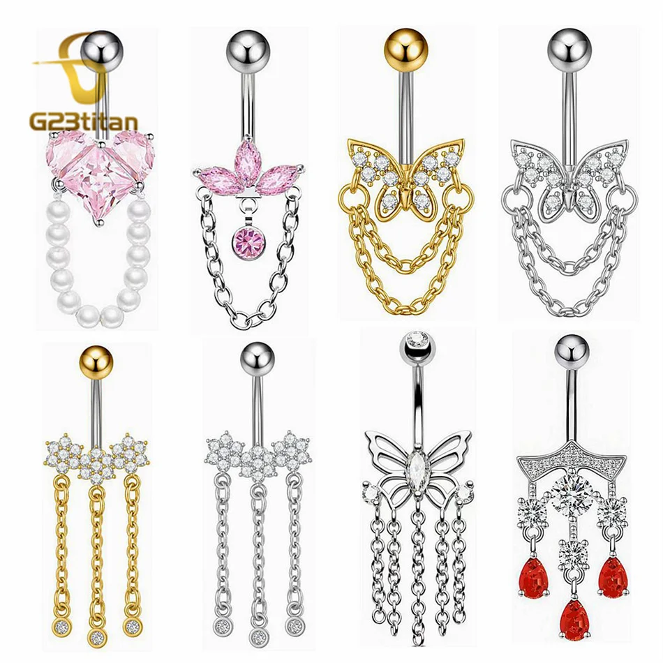 Anillos largos con borlas y circonita para el ombligo, barra de titanio de 1,6mm y 14G, Piercing para el ombligo, joyería, accesorios sexys, ombligo