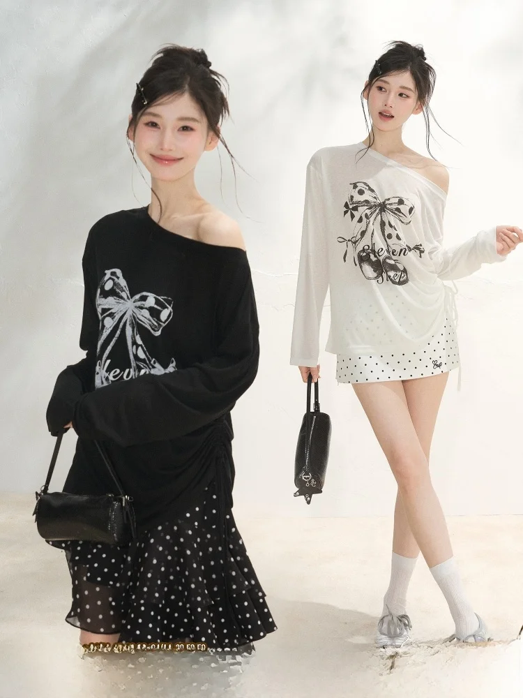 

Летняя легкая футболка ELEVEN SP с длинным рукавом и завязками, женская, в корейском стиле, для повседневной носки, дышащая, с высокой талией