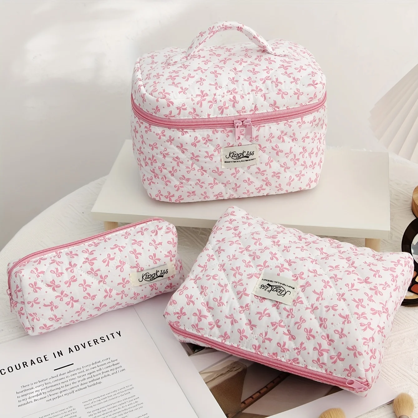 Borsa per il trucco trapuntata da 3 pezzi, borsa per cosmetici floreale grande per donna, Set di borse per il trucco in cotone, borsa da toilette da