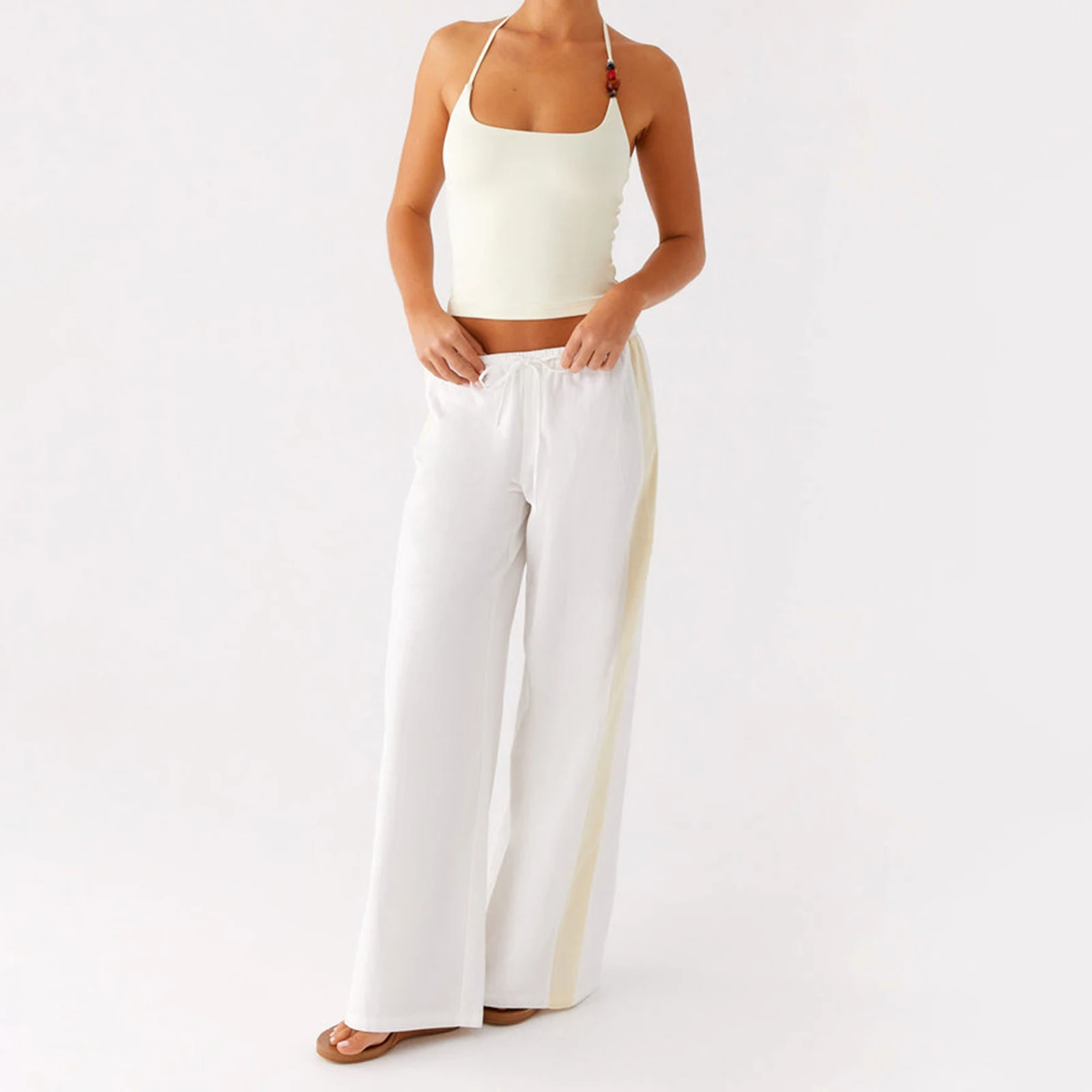 

Combhasaki Women Summer Beaded Lace-up Halter Square Neck Slim Fit Crop Tops Solid Color Backless Sleeveless Shirts Streetwear