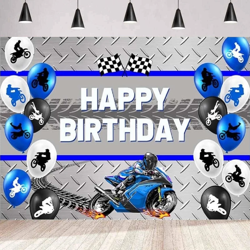 Blue Motorcycle Photography Backdrop For Boy Motocross Racing Balloon Happy Birthday Party Decoration Extreme Sports Background