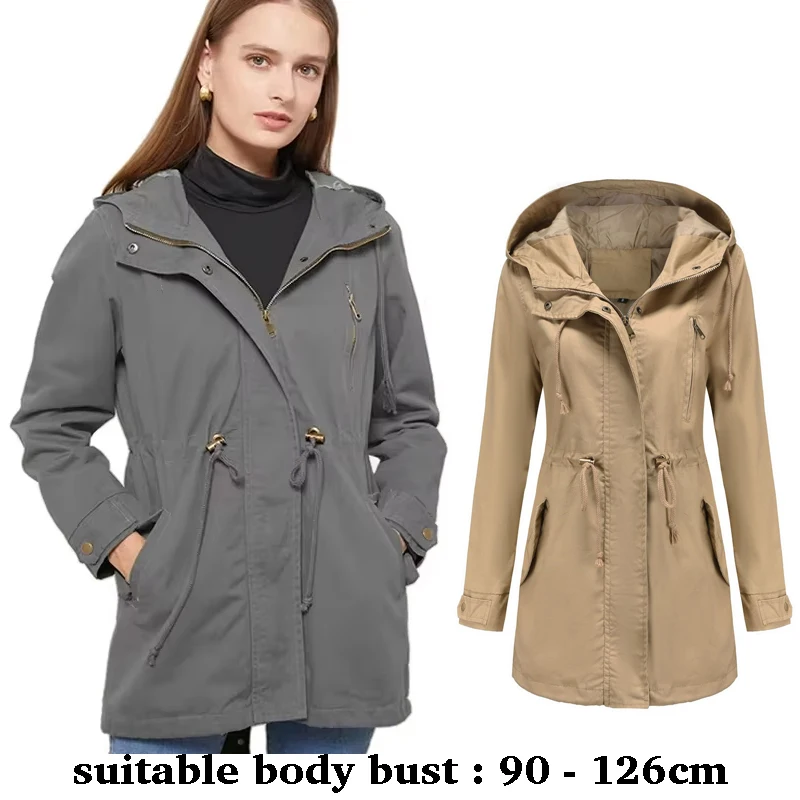 

High quality hooded cardigan trench coat for women big size new autumn winter 2025 casual clothes - black white beige