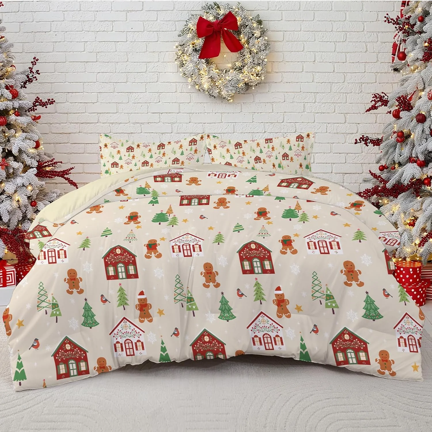 

Christmas Duvet Cover Set Queen 3 Pieces Christmas House and Gingerbread Man Xmas Tree Pattern Comforter Covers Zipper Closure