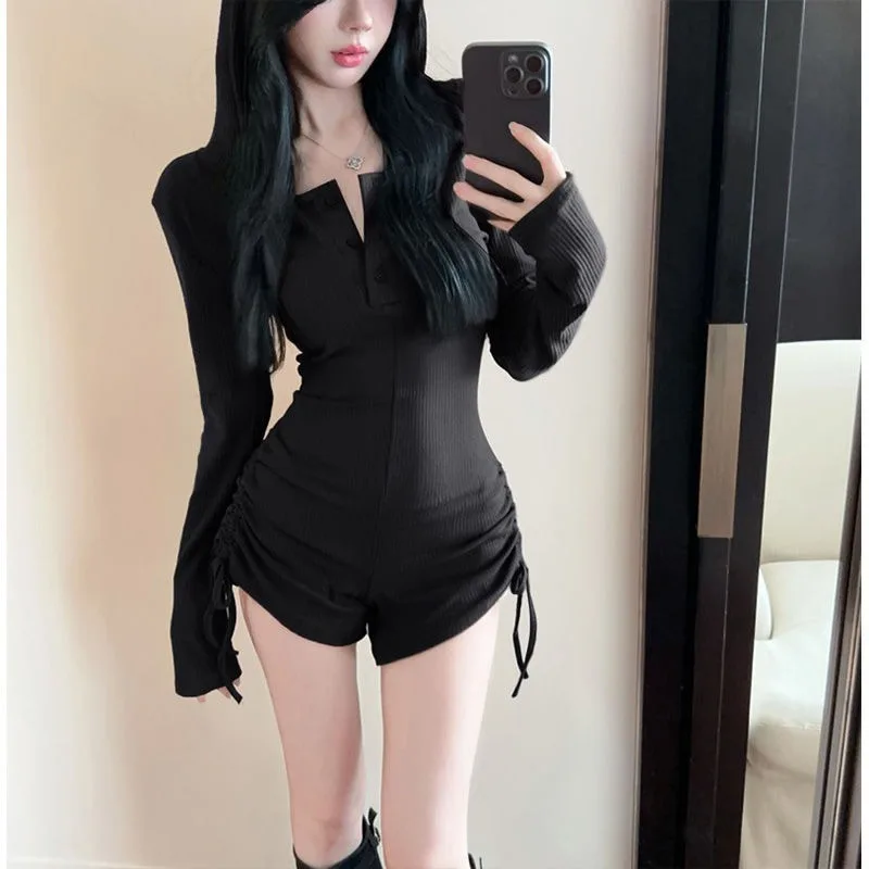 เสื้อครอปท็อปเซ็กซี่สไตล์อเมริกัน แขนยาว บอดี้สูทเซ็กซี่สำหรับผู้หญิง ดีไซน์ทันสมัย กางเกงเอวสูง ผ้าโพลีเอสเตอร์
