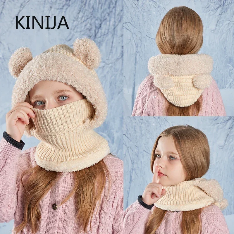 

Kids Winter Hat Velvet Knitted Woolen Balaclava Hat Ear Protection Fluffy Hat Mask Neck Warmth Cover Gorro Girls Hooded Cap