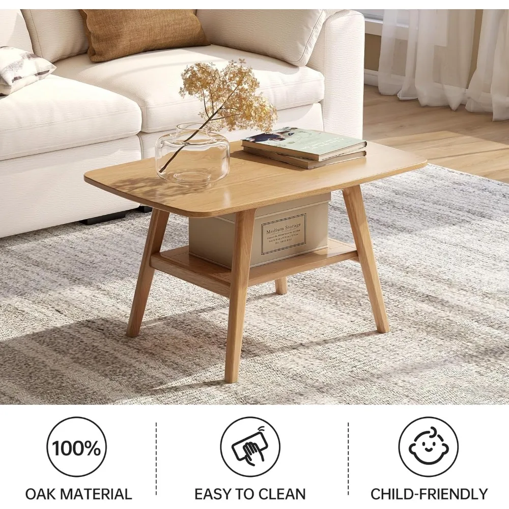 Mid Century Modern 2-Tier Coffee Table with Storage and Rounded Edges for Living Room