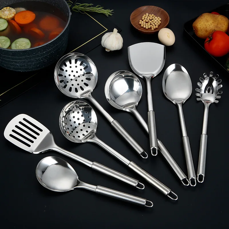 Modern Kitchen Stainless Steel Cooking Tool Set Frying Spatula Soup Spoon Long Handle BBQ Meat Fork Serving Colander Home Gadget