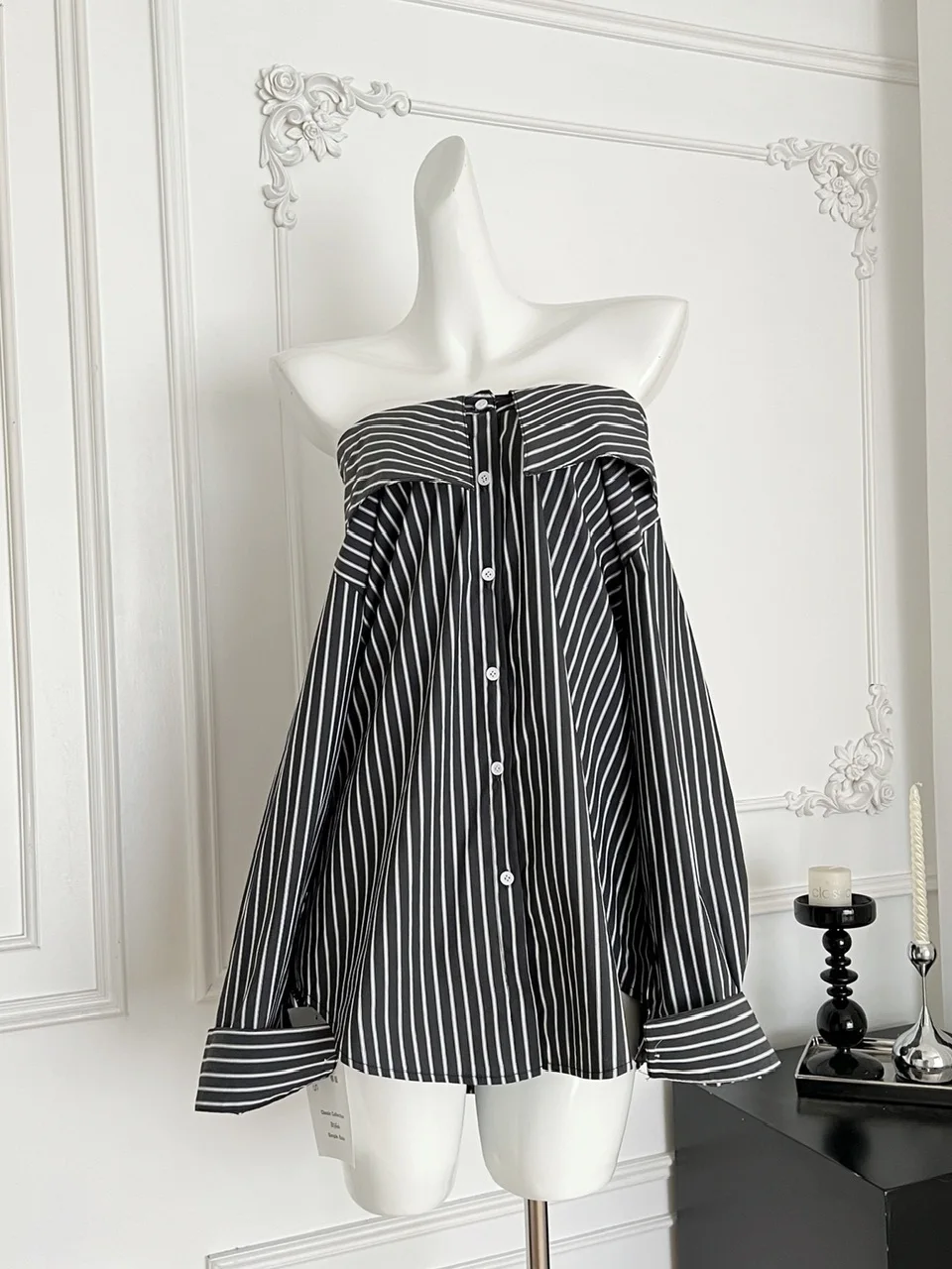 Casual Koreaanse Sle Loose Fit oulder Bared irt Dames verwijderbare patchwork verticale strepen Tweerichtingskleding Katoenmix