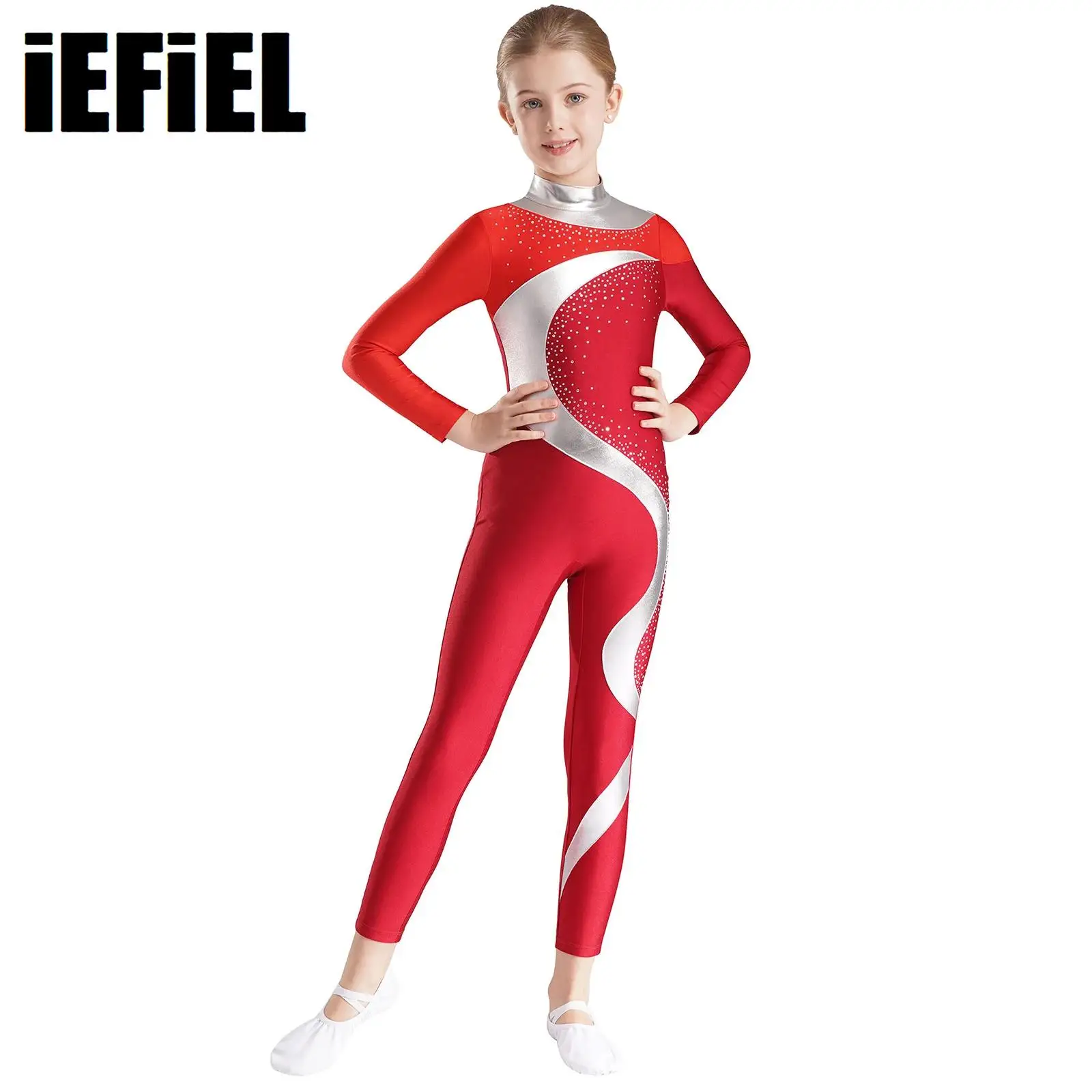 

Kids Girls Patchwork Gymnastics Jumpsuit Metallic Contrast Color Long Sleeve Keyhole Back Bodysuit for Figure Skating Dance