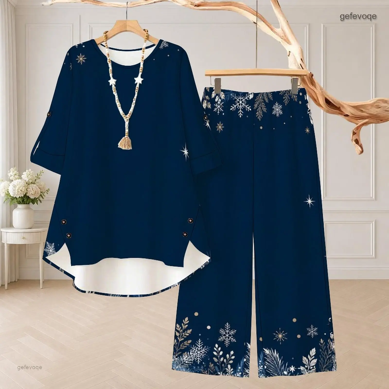 Women Navy Blue Snowflake Star Printed Round Neck 3/4 Sleeve Top Long Pants Two Piece Set