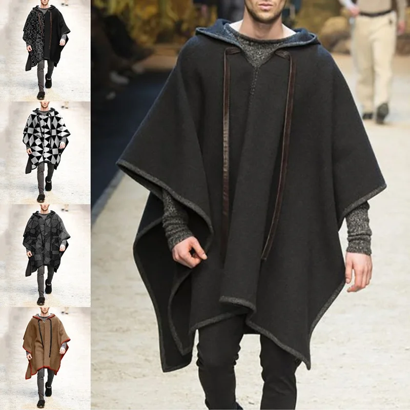 Volalo moda masculina casacos capa de lã com capuz jaquetas cor sólida streetwear outono inverno poncho casaco irregular