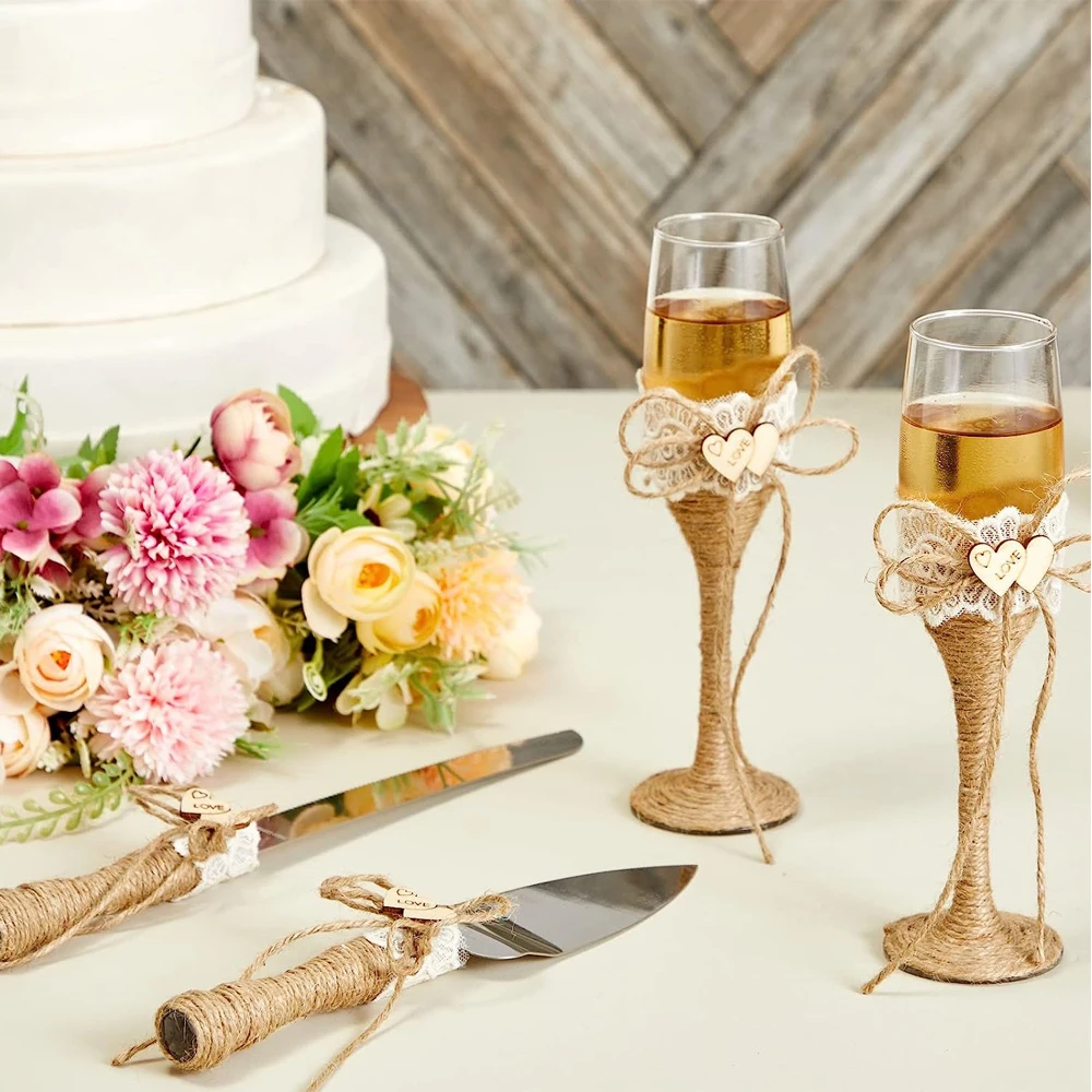 Imagem -02 - Estilo Rústico Wedding Cake Knife e Server Grupo Champagne Glasses para Noiva e Noivo Farmhouse Theme Reception Pcs