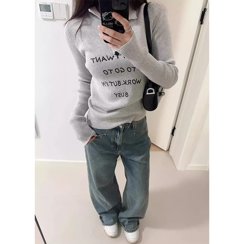 سترة MEXZT Y2K للسيدات بلوفرات محبوكة مطبوعة بأحرف الشارع الشهير موضة كورية بأكمام طويلة تريكو شتوي نحيف جديد