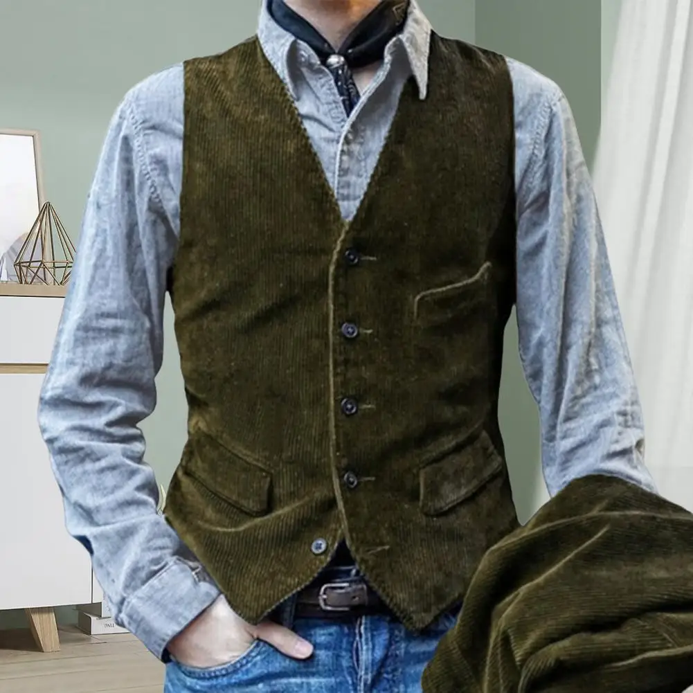 Men Waistcoat V-Neck Sleeveless Single Breasted Vest Coat Slim Fit Corduroy Retro Style Waistcoat with Pockets Men's Clothing