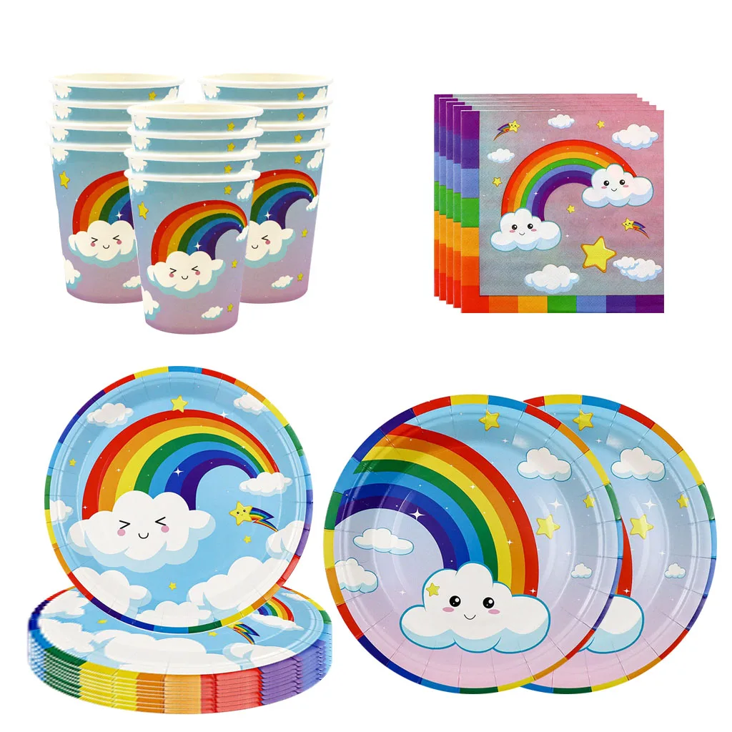 10Guests Blue Sky White Clouds Rainbow Birthday Party Disposable Tableware Rainbow Plates Cups Kids Favor Birthday Supplies