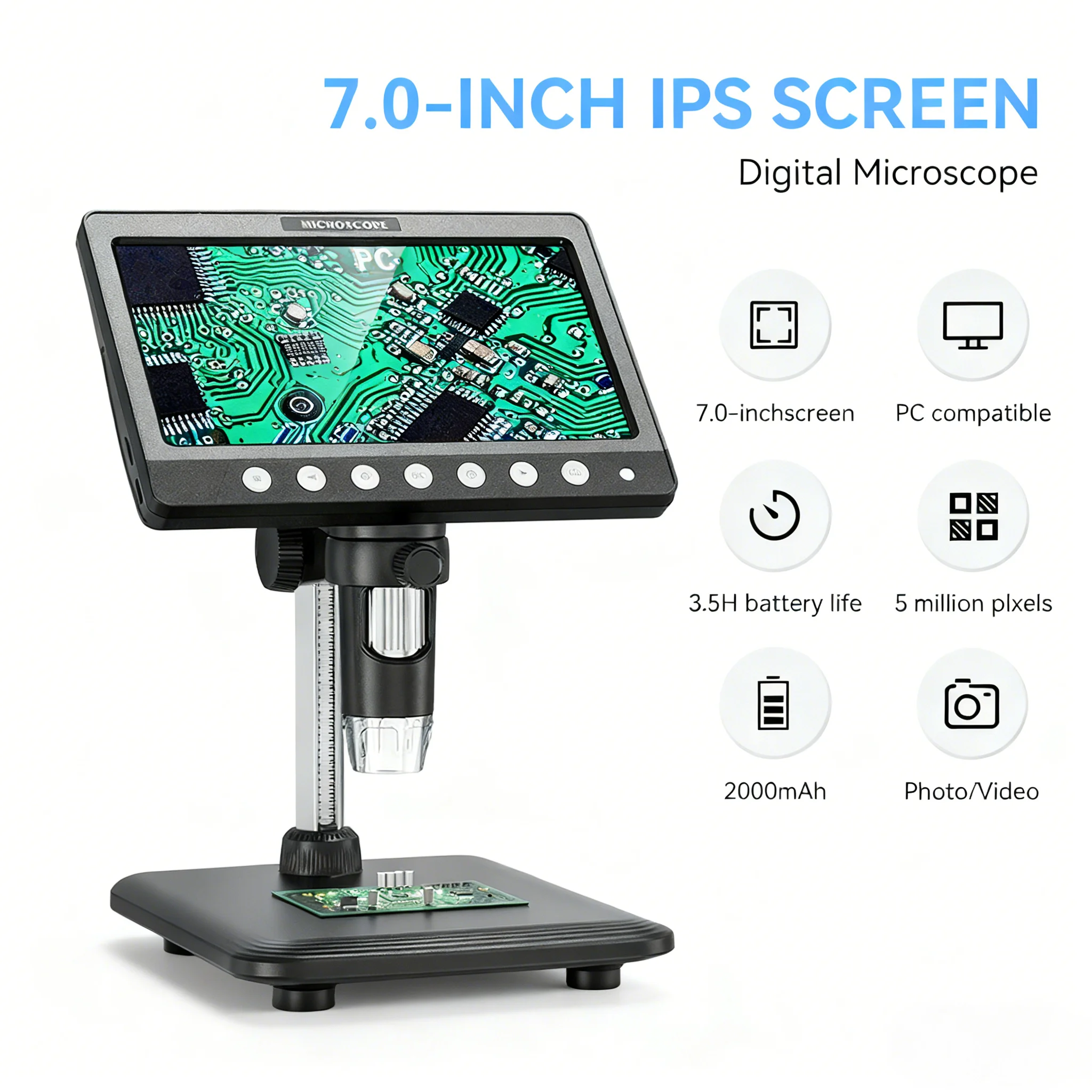 17.78cm Digital Microscope 5MP HD Soldring Microscope 1200X Magnification for Coin PCB Circuit Repair Windows/Mac OS Compatible