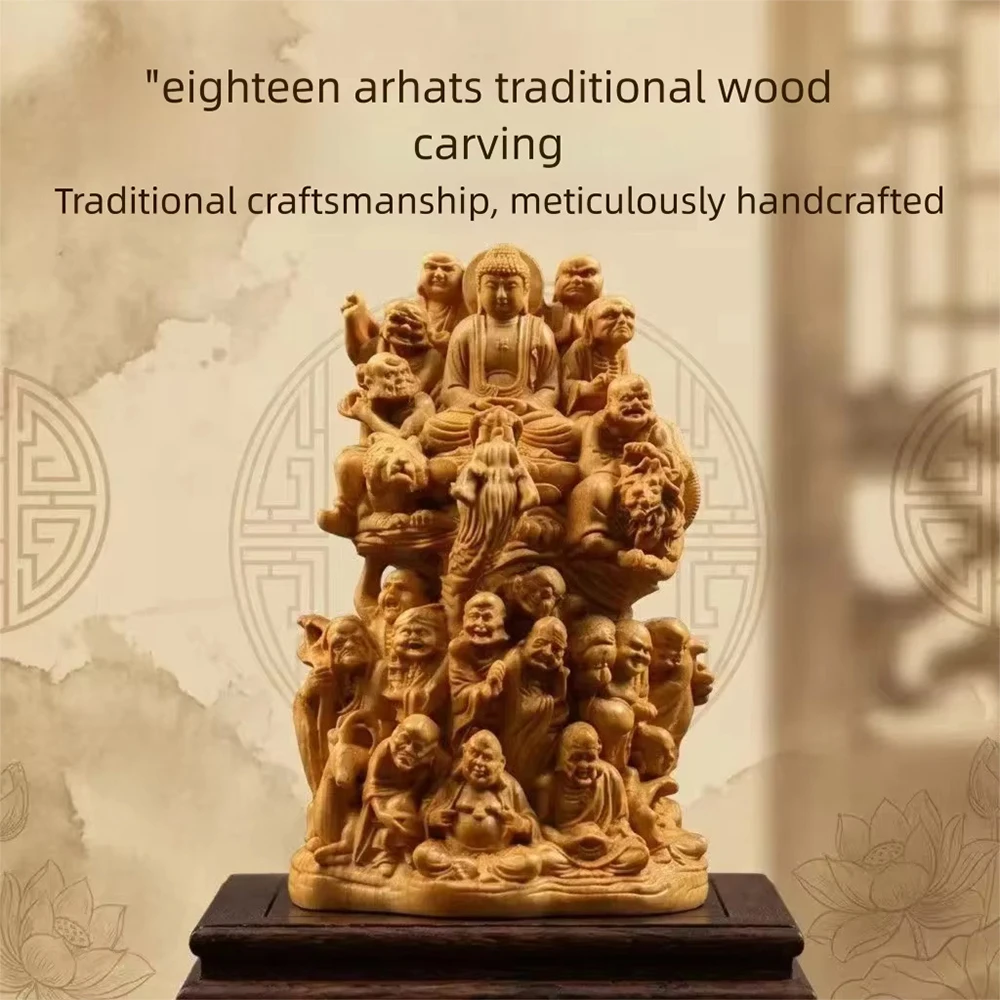 Wood Carving Eighteen Arhats Buddha Statue Buddhist Figures Home Living Room Office Wealth Luck Feng Shui Decor Buddha Wood