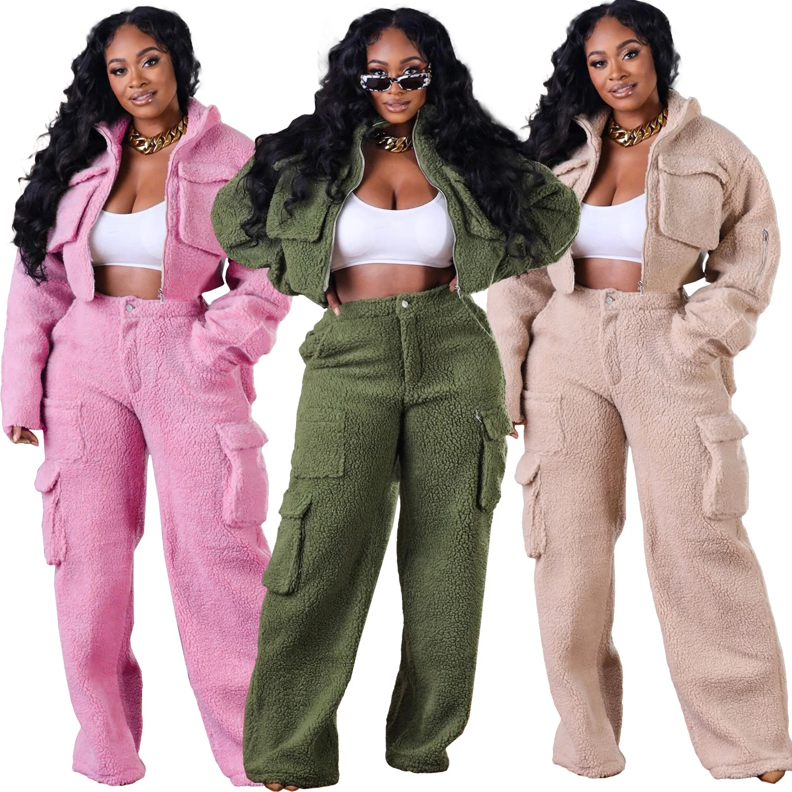 Fall Winter Fuzzy Pajamas Jacket And Pants Two Piece Set Home Wear Lounge Wear Set Women Warm Thick Fleece Jogger Set Sweatsuit