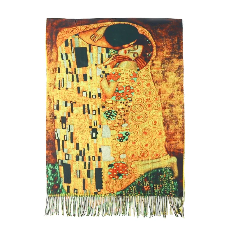 Gustav Klimt Oil Painting Lover Kissing Cashmere Scarf Women Winter Long Shawls Fashion Arts Wraps for Wife Girl Friend Present