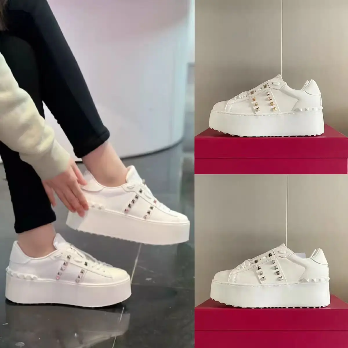 

High quality Classic Rivet Color blocked Cowhide Lace Thick soled Height increasing Sports Shoes Casual Board Shoes White Shoes