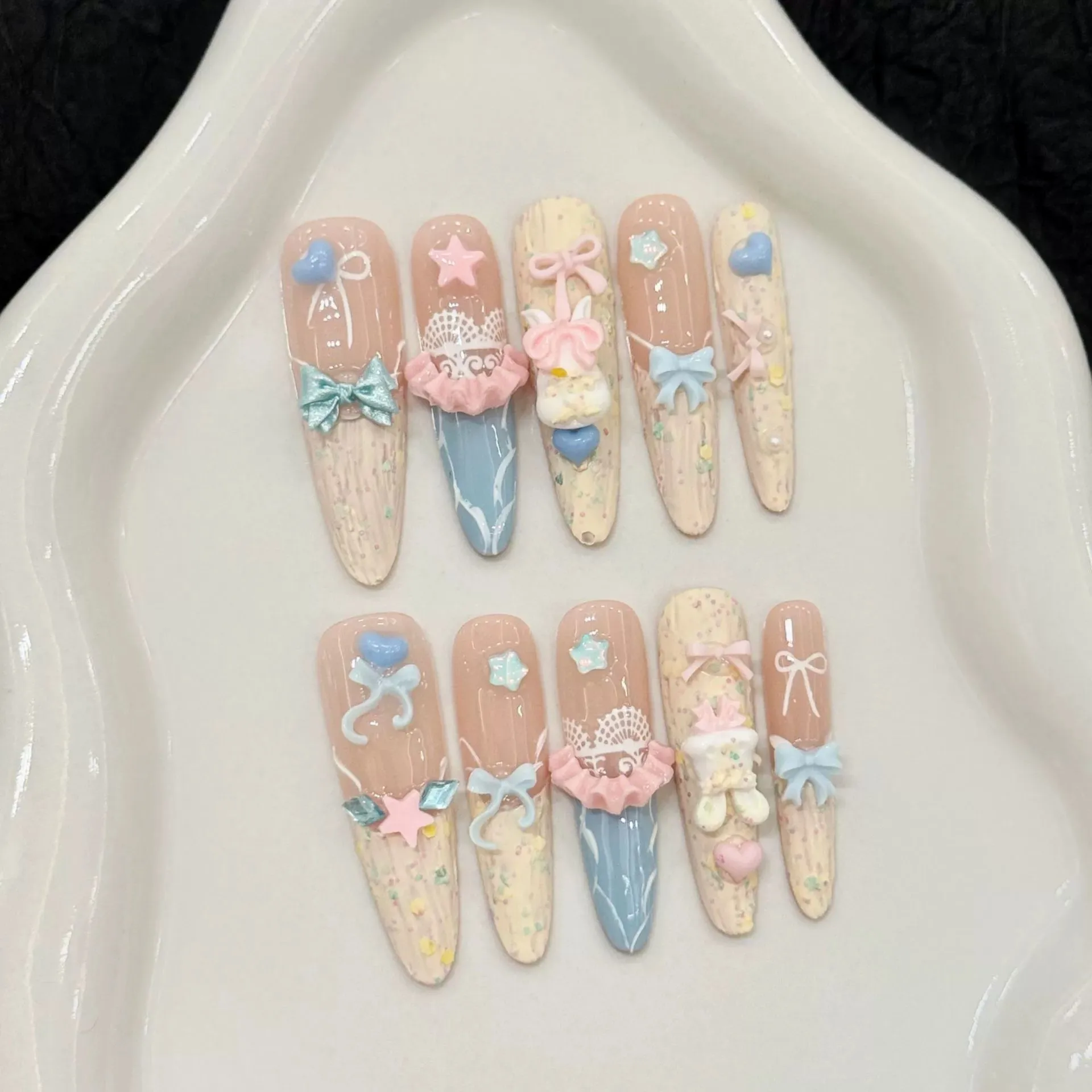 

Handmade Press On Nails 3D Cute Rabbit Cartoon Nail Art Almond Macron Bow Fake Nails Decoration Long French False Nails Wearable