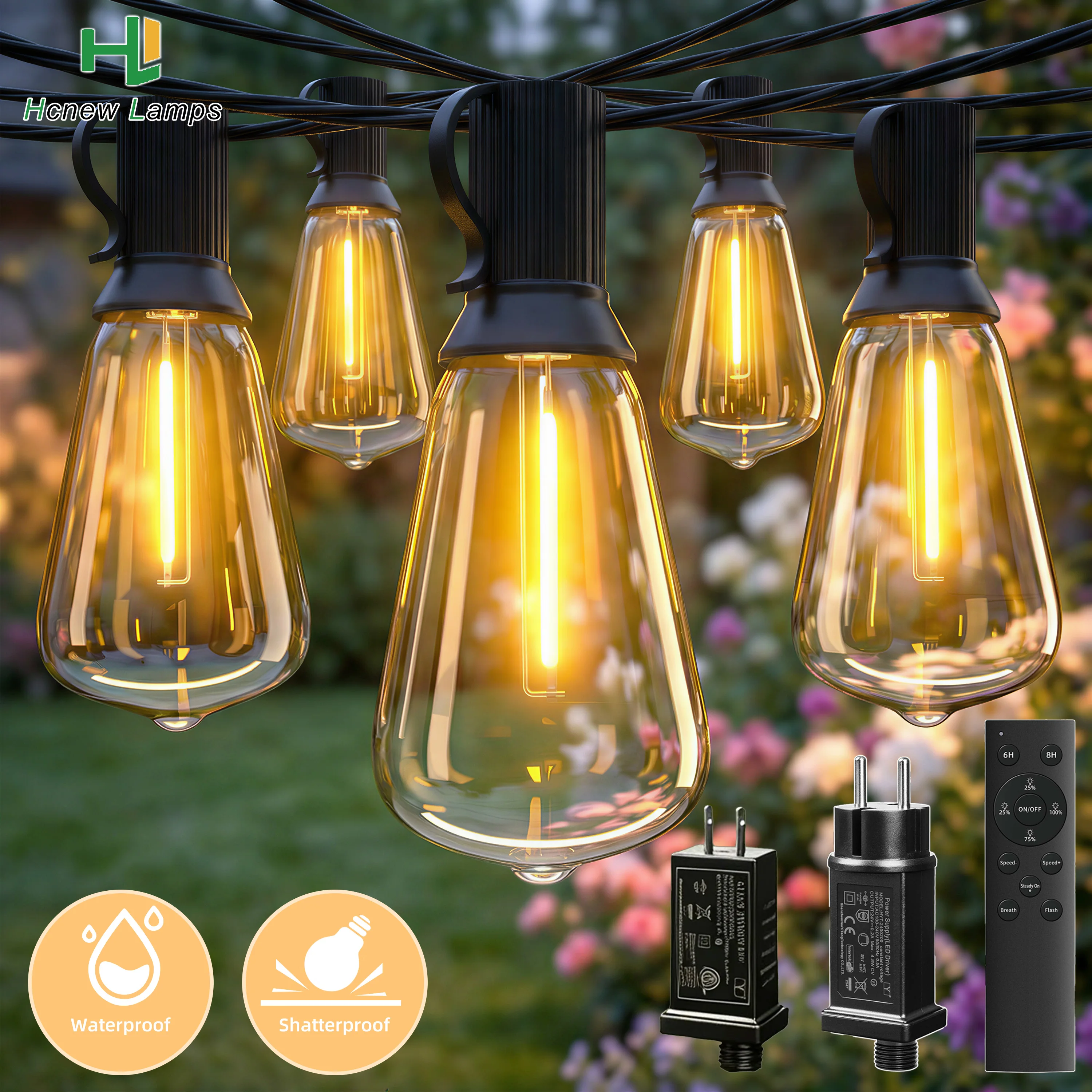 ST38 LED String Lights Shatterproof Waterproof Dimmable Garden Backyard Balcony Outdoor Light Equipped Remote Control And Adapte