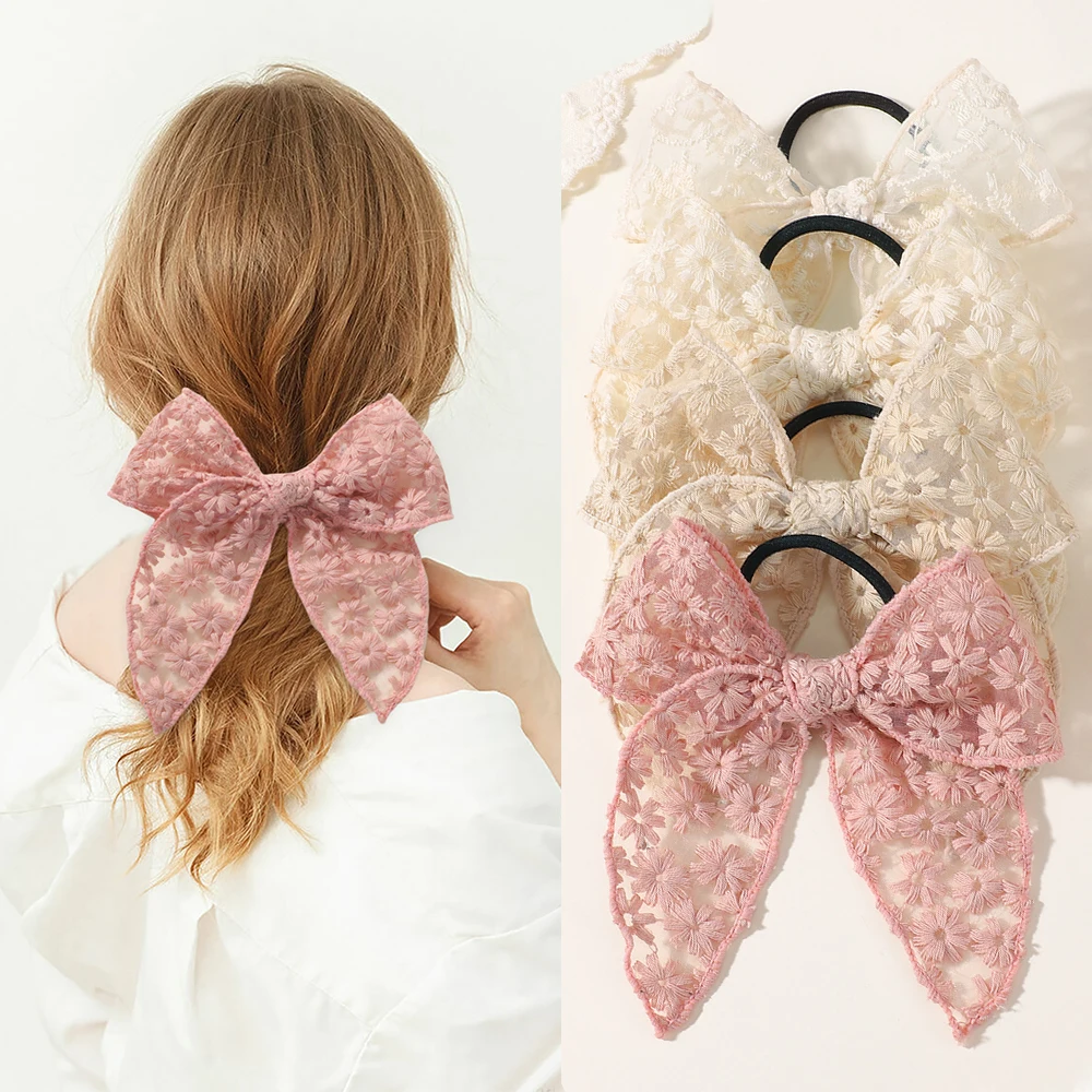 4 Stück elastische Spitzen-Haarbänder mit bestickter Schleife für Damen und Mädchen, Gummi-Pferdeschwanzhalter, Kinder-Haar-Accessoires