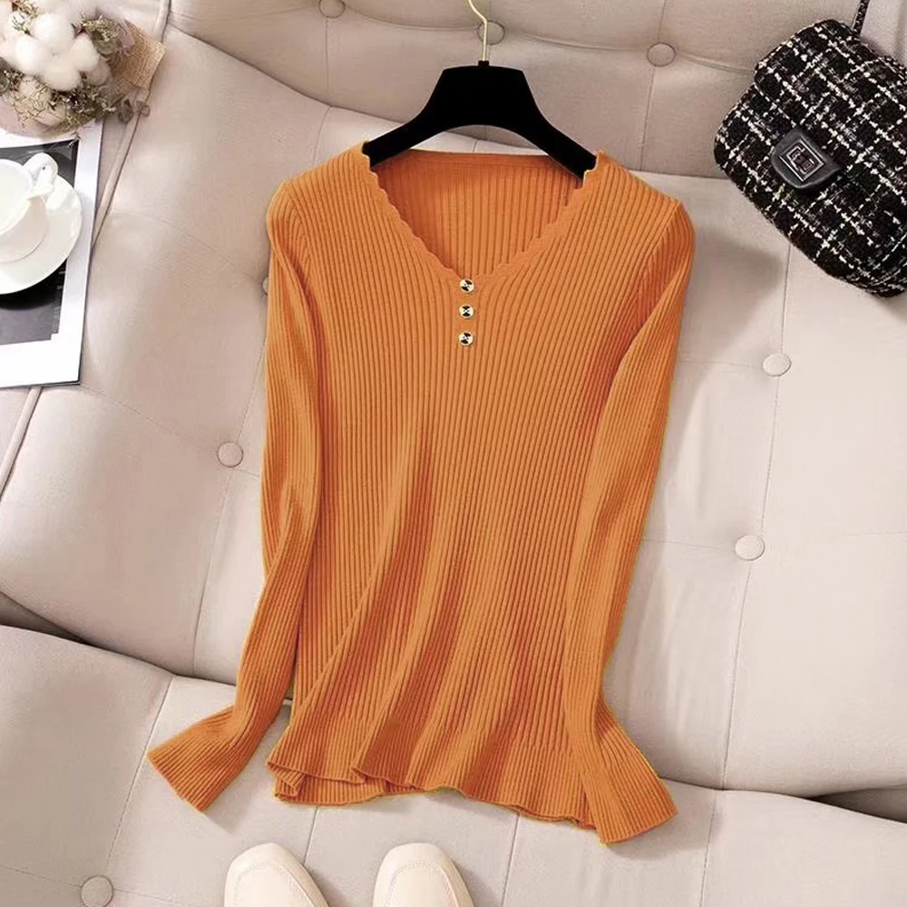 

V Neck Knit Full Sleeve T Shirt Women Pullover S-2XL Black White Orange Yellow Apricot Color Sweater Girl Button Long Sleeve Top