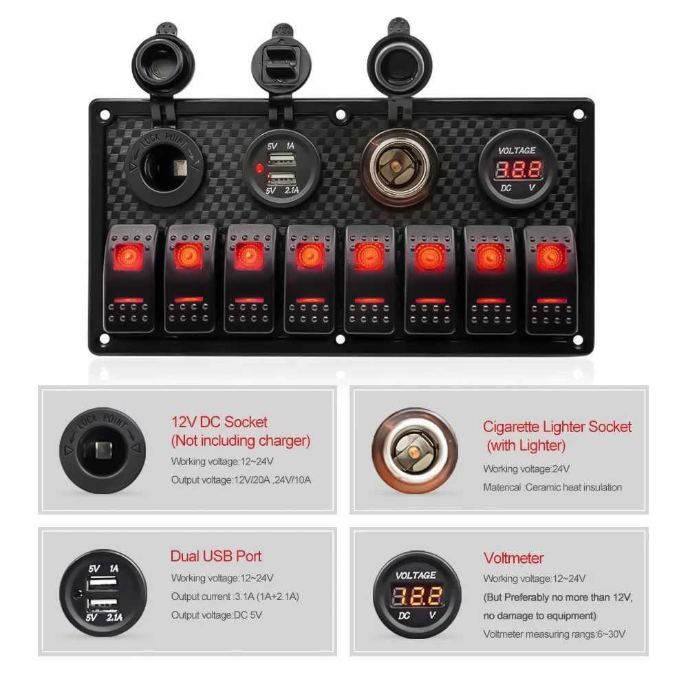 Panel de interruptor basculante de 8 entradas, 12V, 24V, con disyuntor de carga USB Dual, protección contra sobrecarga de voltaje para coche, barco,