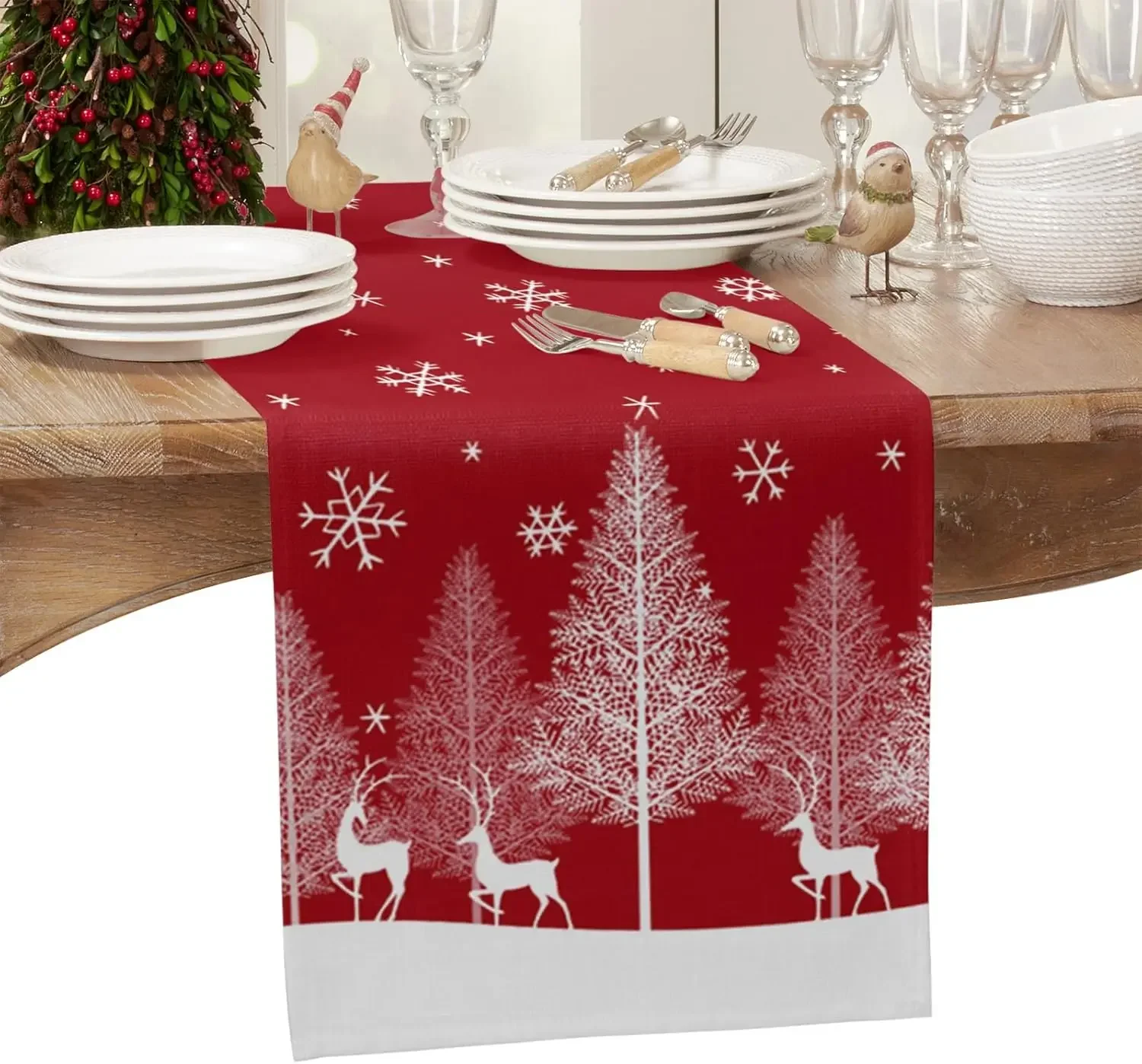 Christmas Elk Pine Tree Forest Red Xmas Snowflake Linen Table Runners Home Decor Zmywalne bieżniki na stół do jadalni Materiały imprezowe