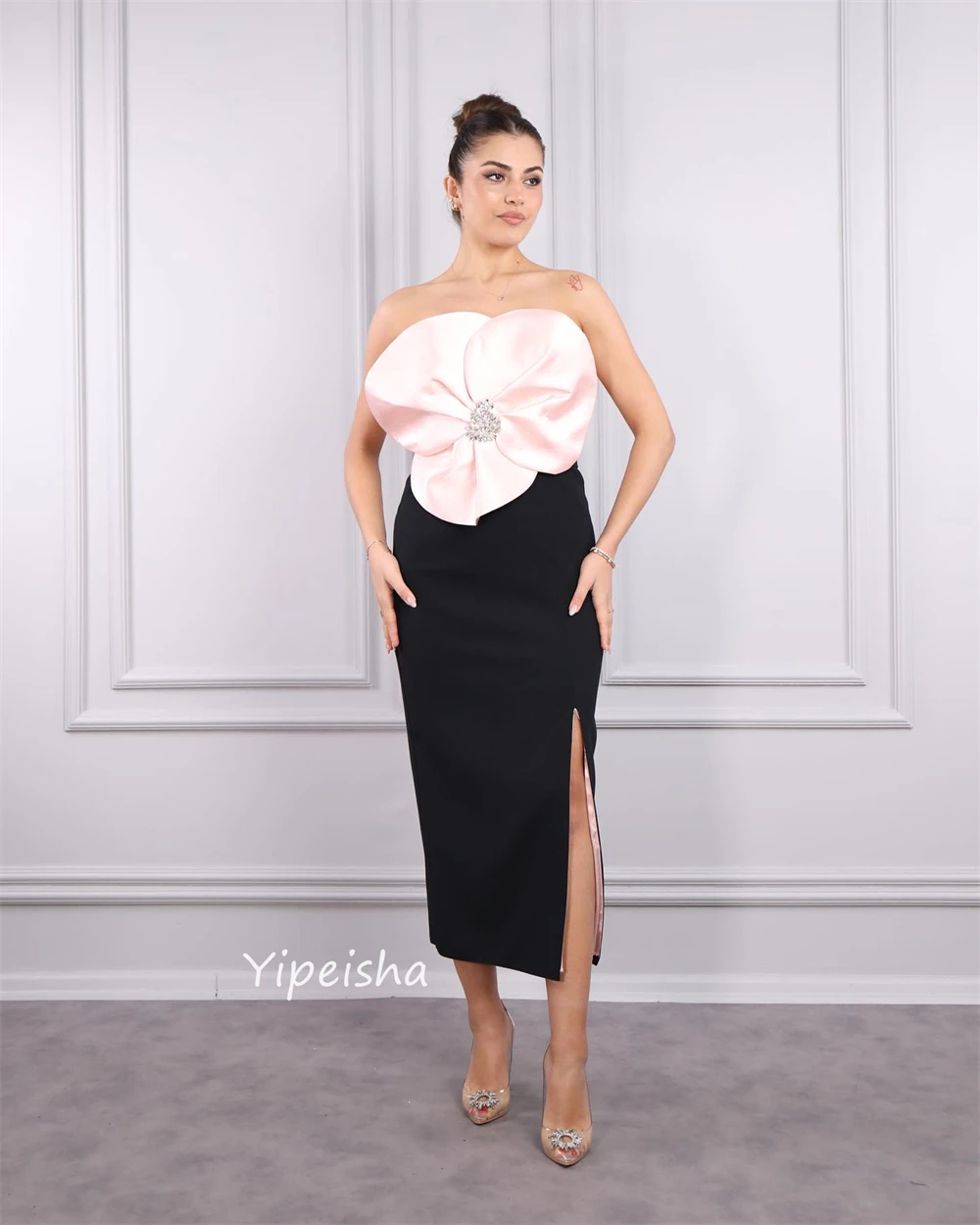 Jiayigong พรหมคลาสสิก Strapless A-Line ดอกไม้ประดับด้วยลูกปัดข้อเท้า-ความยาวซาติน Bespoke โอกาสชุดราตรี