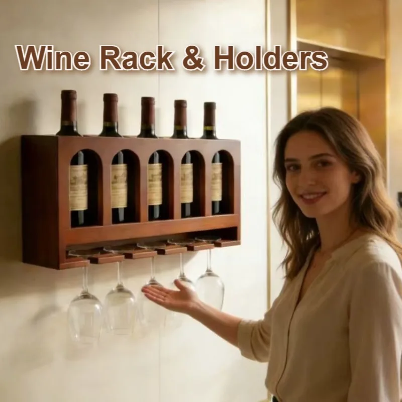 Wooden Wine Rack Wall Mounted Bottle Racks Bottles Cup Storage Hanging Wine Holder Wall Bottle Organizer Bar Kitchen Home Decor
