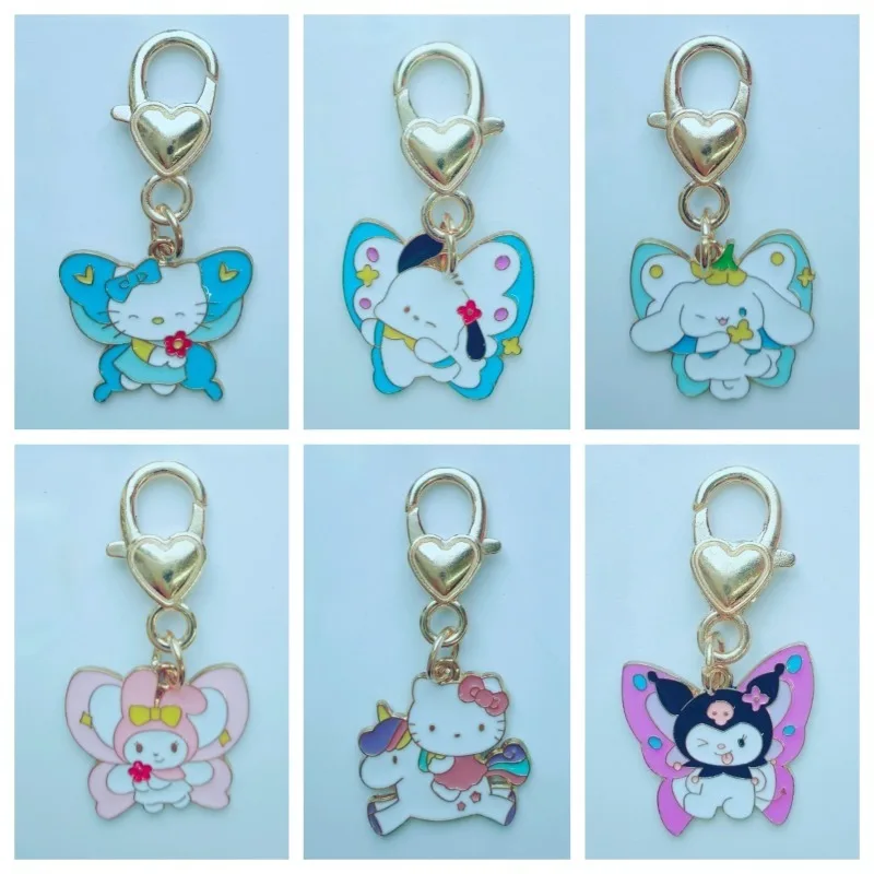 

Sanrio Cartoon Butterfly Keychain Anime Hello Kitty Kuromi Girl Bags Pendant Student Backpack Decoration Wallet Children's Gifts