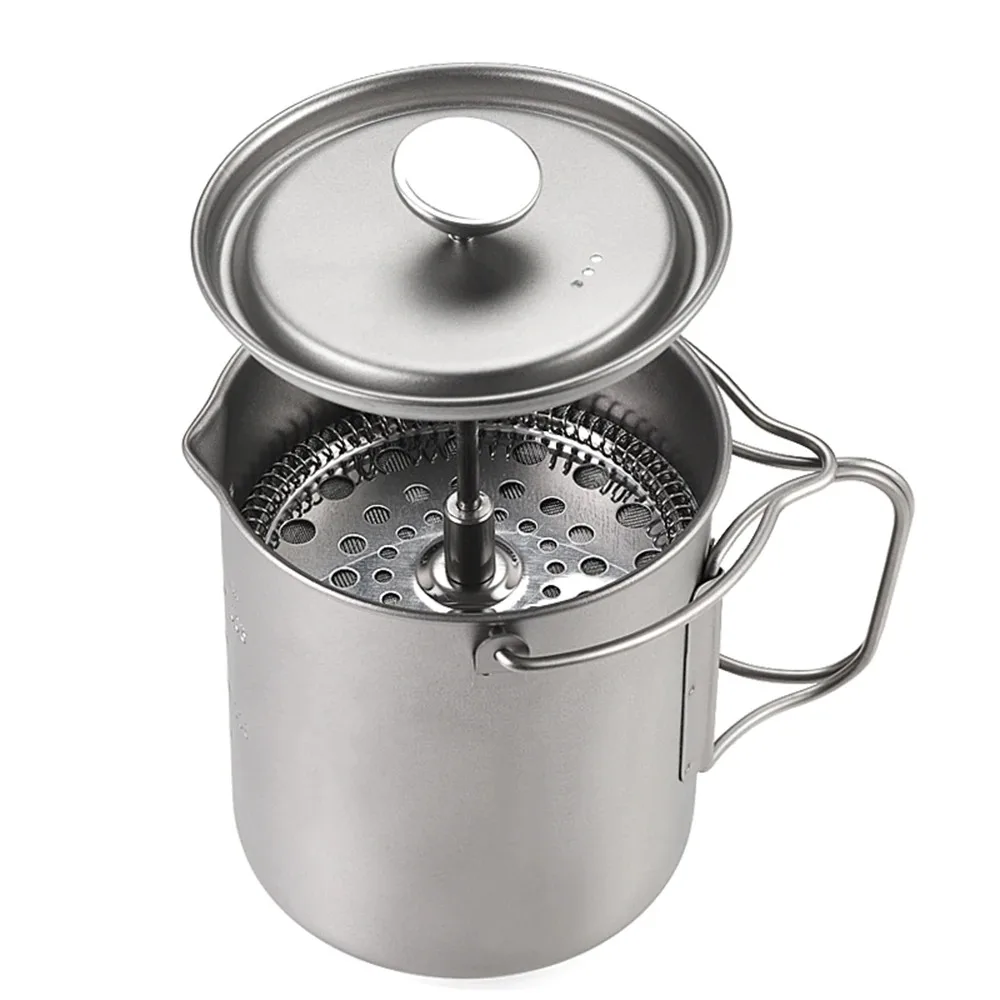 750ml Titanium French Press Coffee Maker Mug with Lid, Outdoor Camping Lightweight Coffee Cup Pot