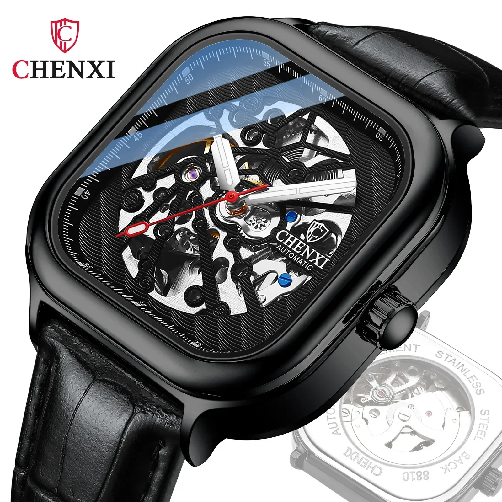 

High-end Square Mens Watch CHENXI 8810B - 2025 New Luminous Skeleton, Automatic Mechanical Hollow Wristwatch