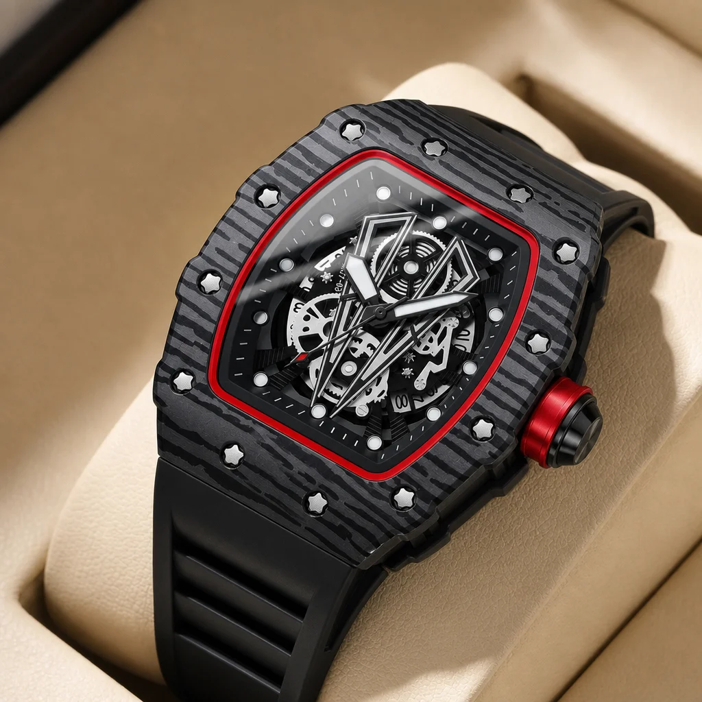 

1pcs Men's black dial silicone strap vintage fashion tonneau case skeleton sporty details Quartz Watch for daily business party
