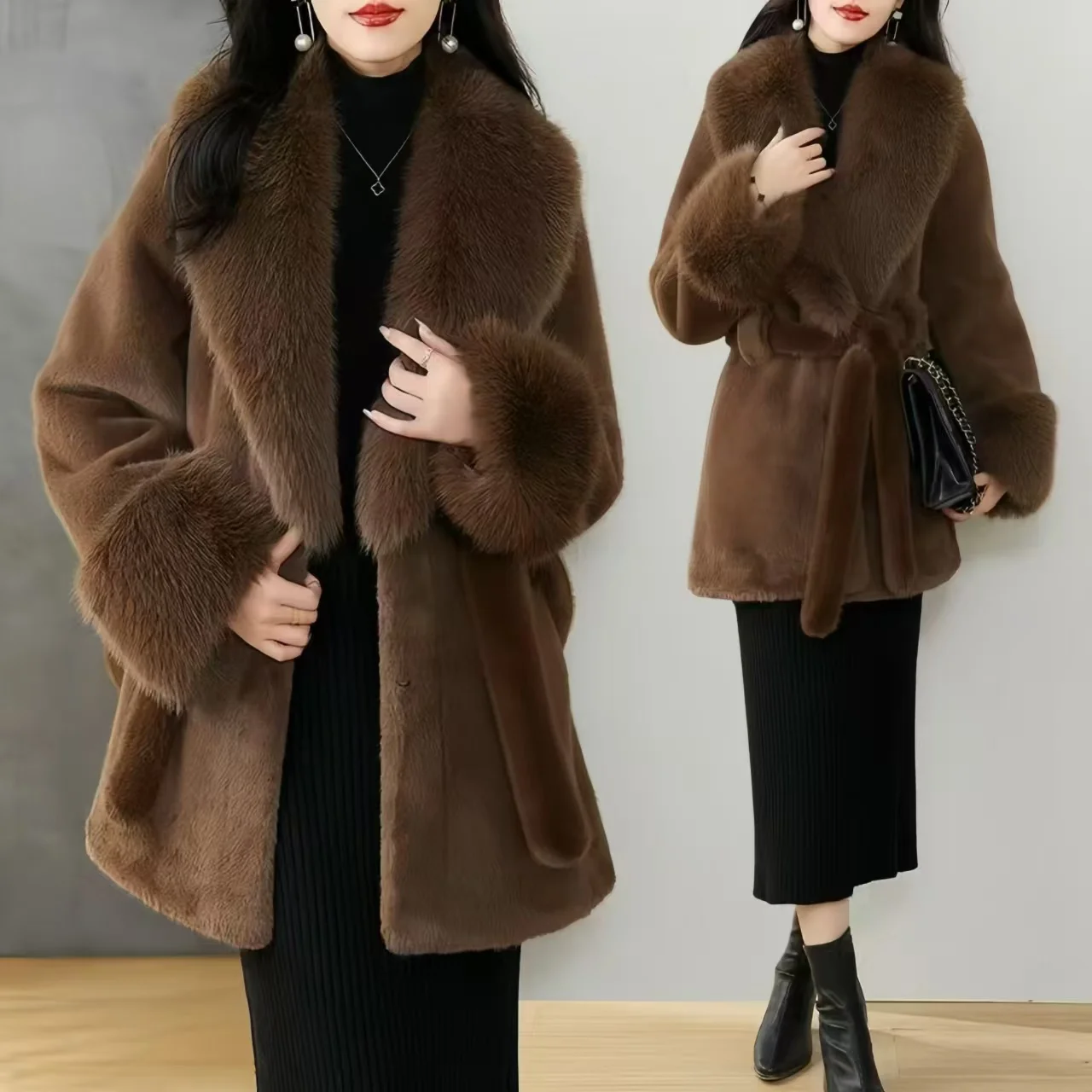 Faux Mink Fur Coats for Women,Turn-down Collar Long Jacket,Thicken Warm Female Clothes,Adjustable Waist,New, Winter