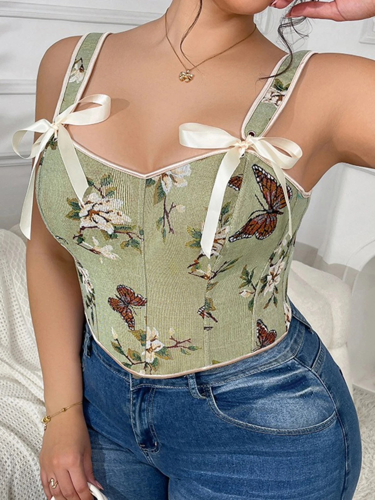 

SsTss Plus Size Bowknot Camis Top Vintage Floral Print Sleeveless Slim Fishbone Vest for Women Sexy Lace Up Back Slim Corset Top