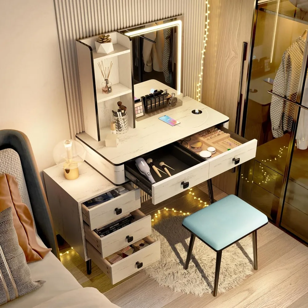 

LVSOMT Vanity Desk with Mirror and Lights, Makeup Vanity Table Set with 3-color Lights and Charging Station, 5 Drawers, 3