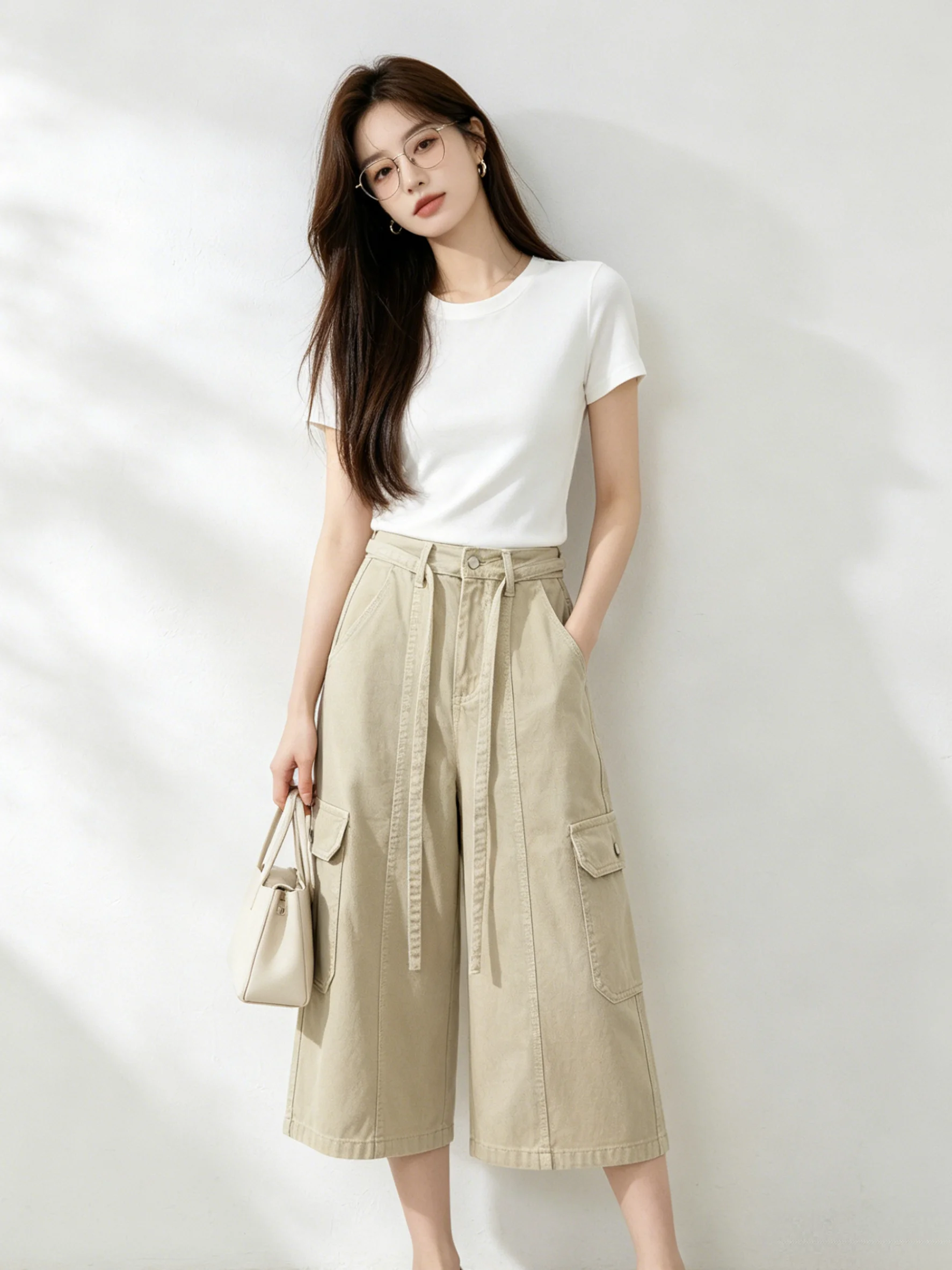 

Retro Korean Style Khaki Wide Leg Jeans Loose Fit Summer Slimming Seven Inch Pants Ladies Casual Low Waist Denim Skinnies