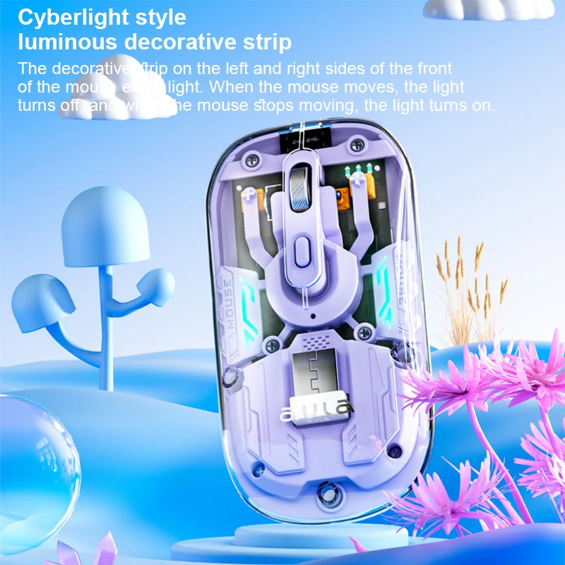 AULA AM210 Bluetooth Mouse Dual mode Transparent Shell Type-C Charging Seven Lights Effect Third Gear Adjustable DPI