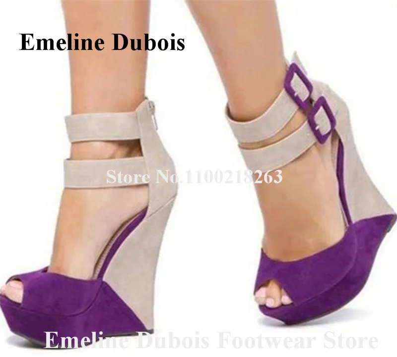 

Patchwork Wedge Sandals Emeline Dubois Peep Toe Suede Leather High Platform Purple Yellow Wedge Ankle Straps Buckles Heels