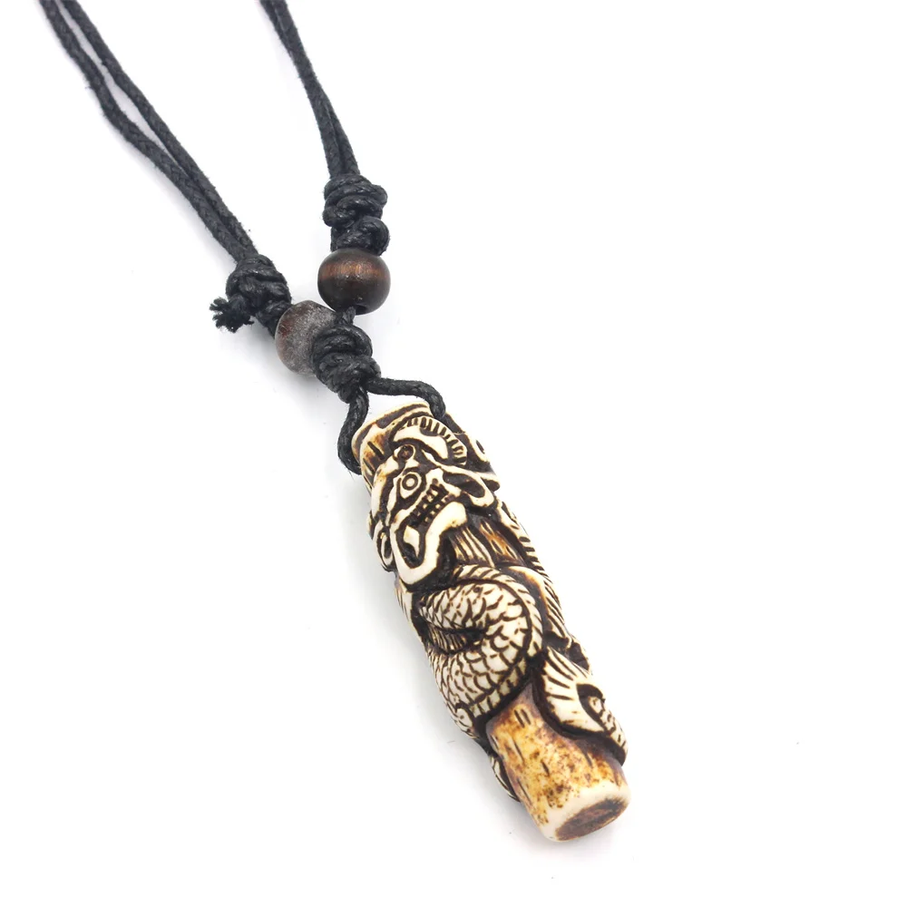 Cool Dragon Necklace Imitation Yak Bone Carved Chinese Dragon Totem Charms Pendant Necklace Amulet Gift Jewelry