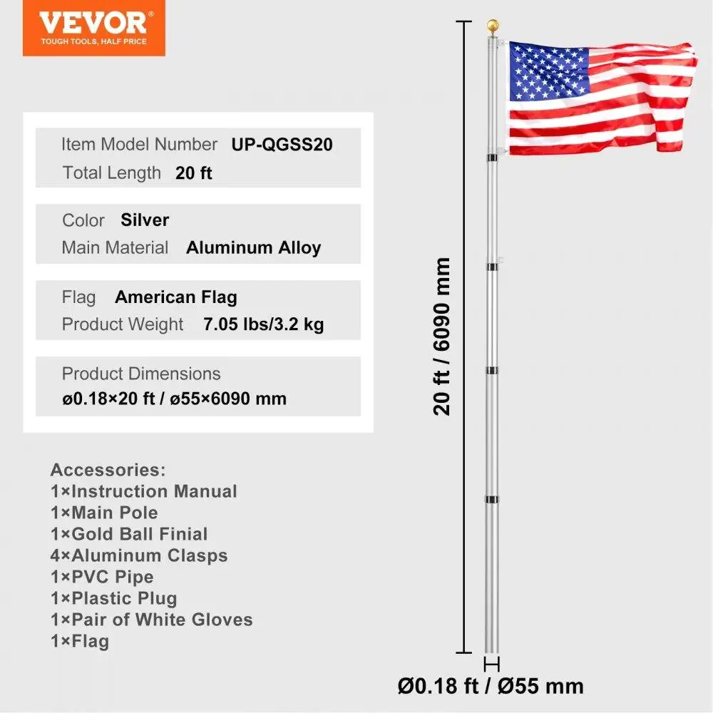 Kit de mât de drapeau télescopique de 20 pieds, en alliage d'aluminium robuste dans le mât de drapeau au sol avec drapeau américain 3x5, accessoires professionnels