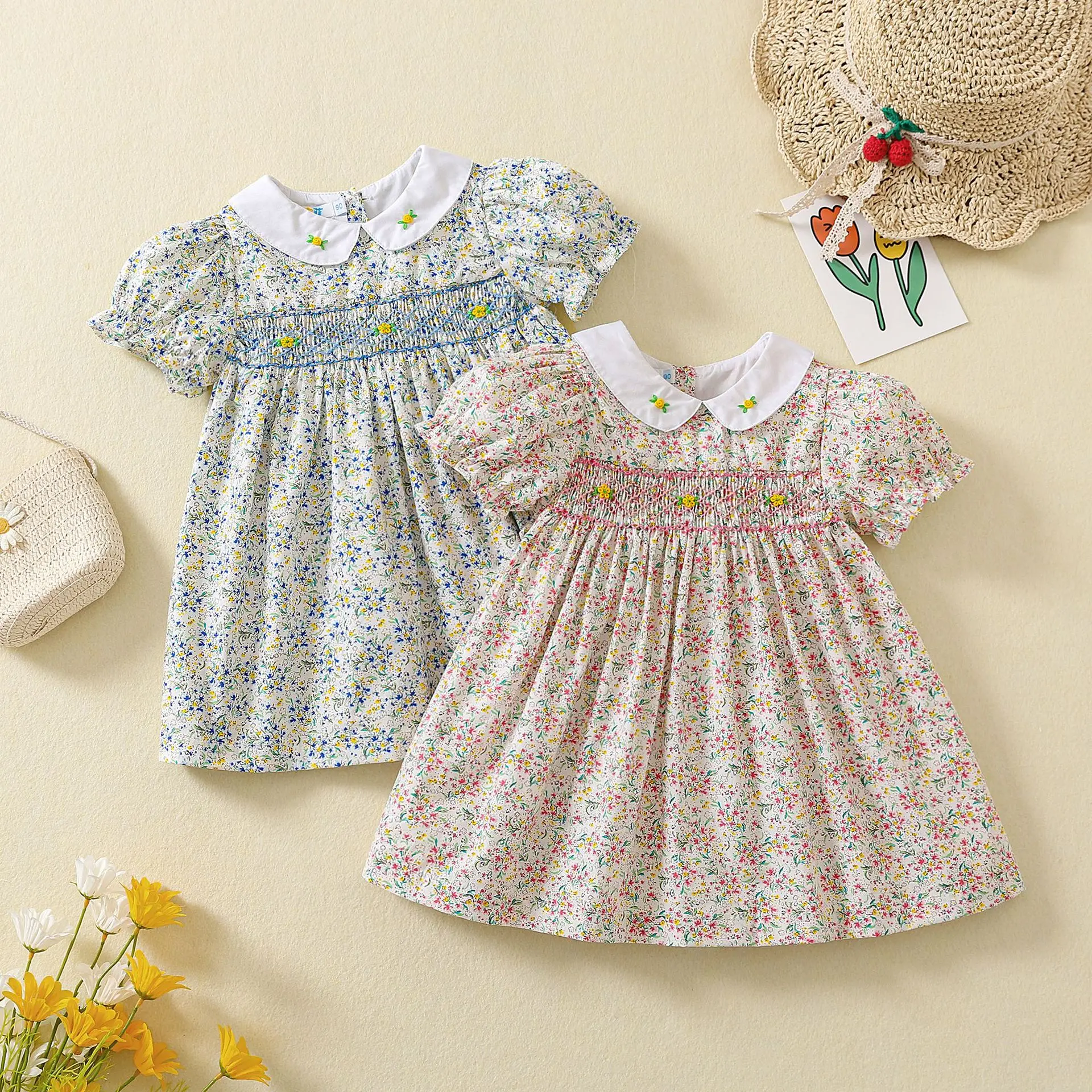 2024 New Little Girls Smock Short Sleeves Dress Children\'s Flower Smocking Dresses Embroidery Summer Baby Floral Frock Kids