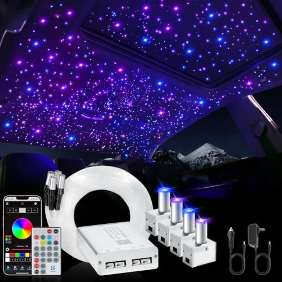 

【New model】Split 4 Colors 12W Car Starlight Headliner Kit 600pcs*0.02in*9.8ft with APPandRF RemoteRGBW Fiber Optic Strands Star