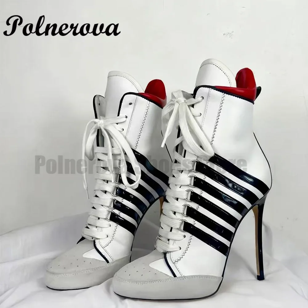 รองเท้าผ้าใบหุ้มข้อสูงแบบแพทช์เวิร์คสำหรับผู้หญิง รองเท้าบูทหุ้มข้อสีผสม หัวกลม ผูกเชือก ส้นสูง รองเท้าผู้หญิง รองเท้าบูทผู้หญิง